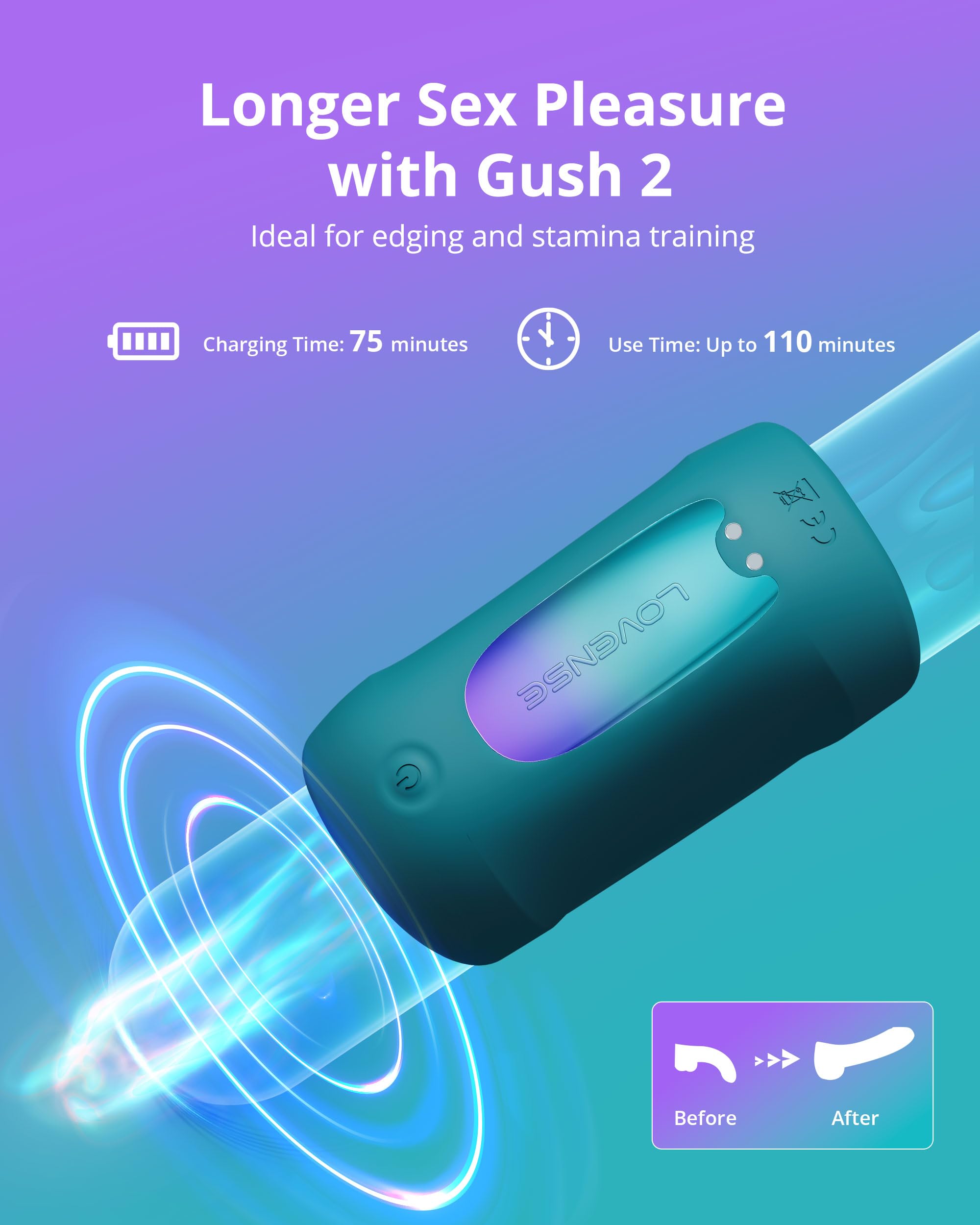 LOVENSE Gush 2 Automatic Male Masturbator Stroker, Vibrating & Oscillating Adult Sex Toys & Games with Endurance Training App Remote Control Penis Vibrator Massager Cock Ring, with Adjustable Buckles - Image 6