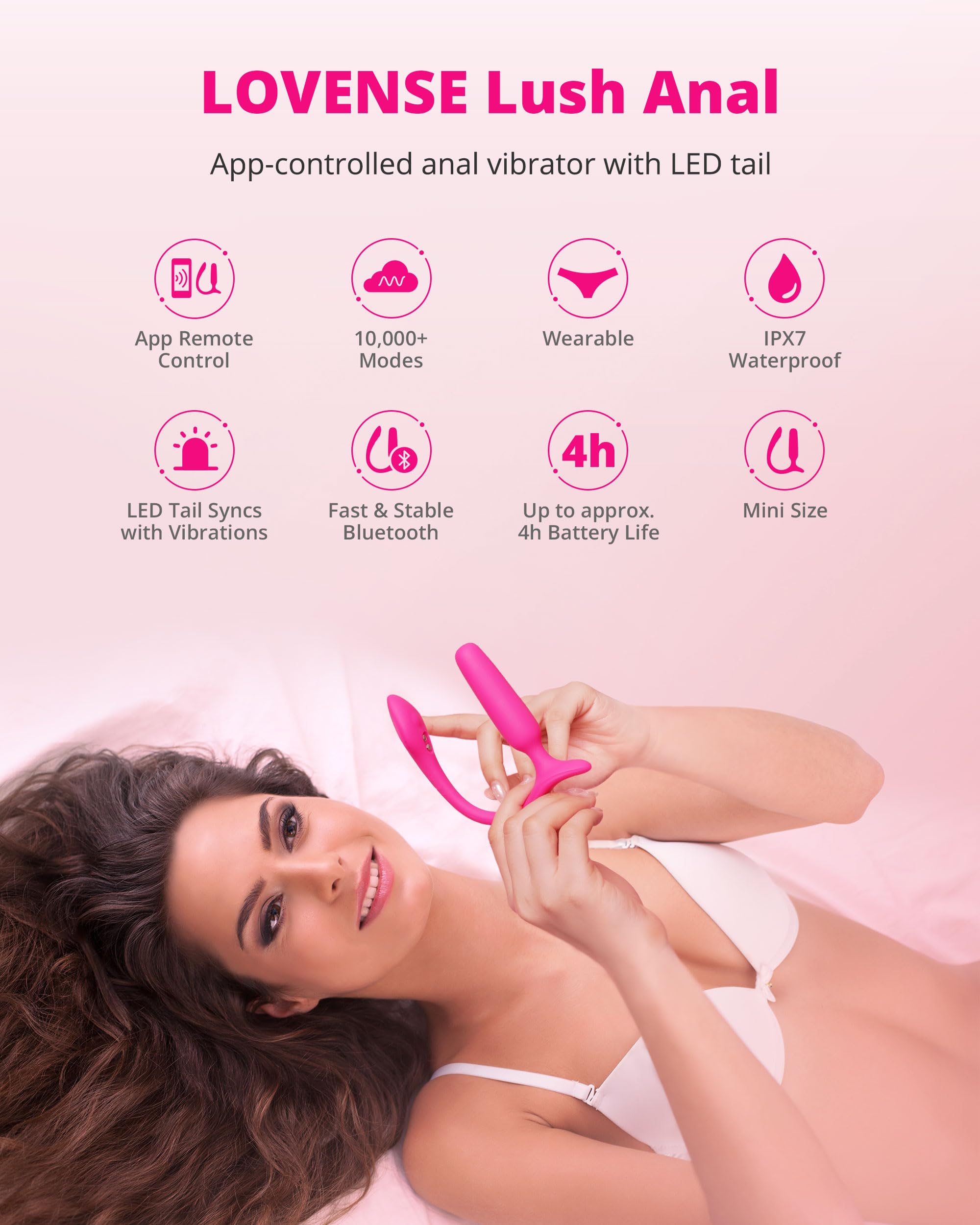 LOVENSE Lush Anal Vibrating Butt Plug Sex Toys, App Controlled Vibrator with LED Light, Small Anal Plug Adult Sex Toys & Games for Men Women Couples, Beginners-Friendly, Waterproof, Rose - Image 3