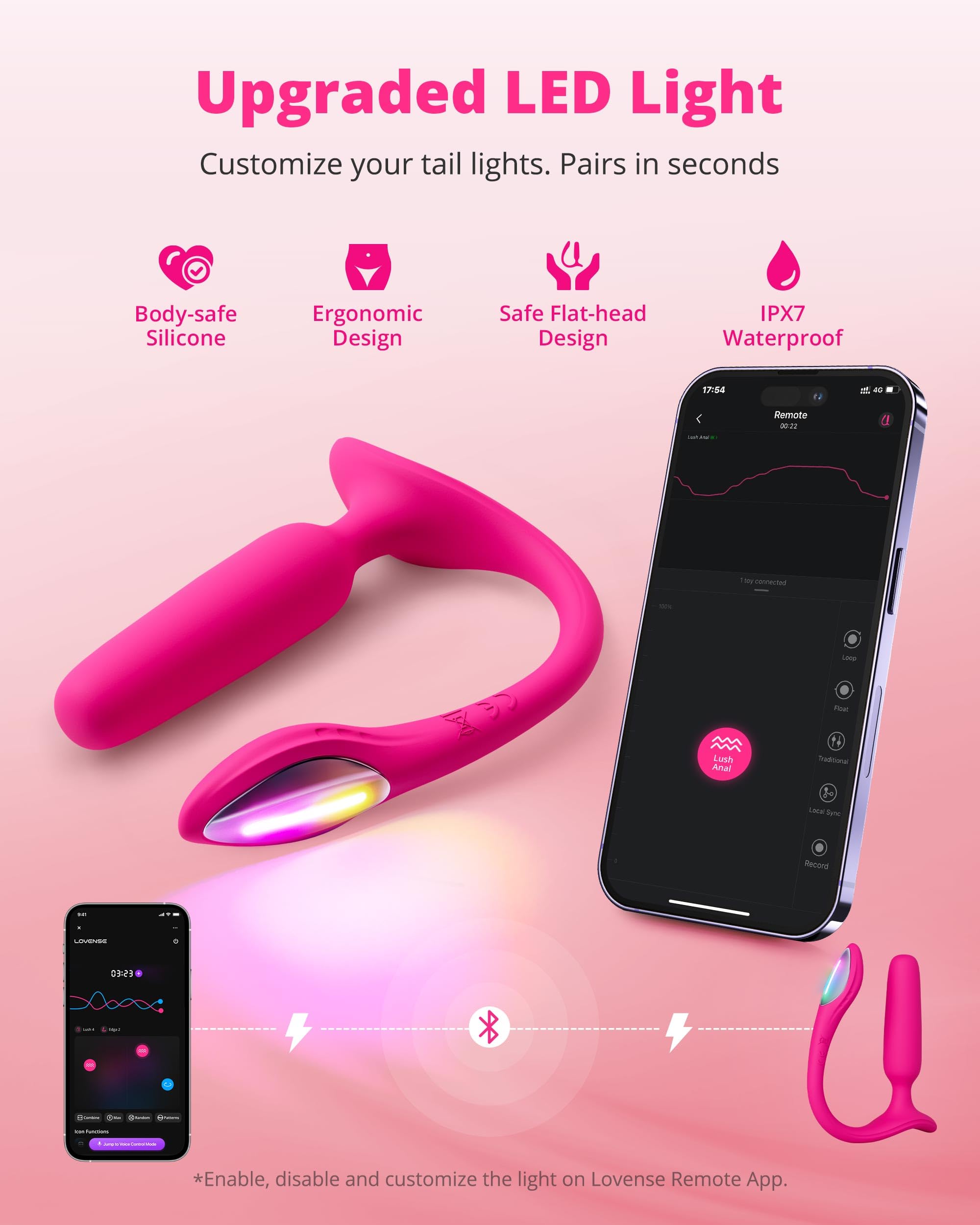 LOVENSE Lush Anal Vibrating Butt Plug Sex Toys, App Controlled Vibrator with LED Light, Small Anal Plug Adult Sex Toys & Games for Men Women Couples, Beginners-Friendly, Waterproof, Rose - Image 6
