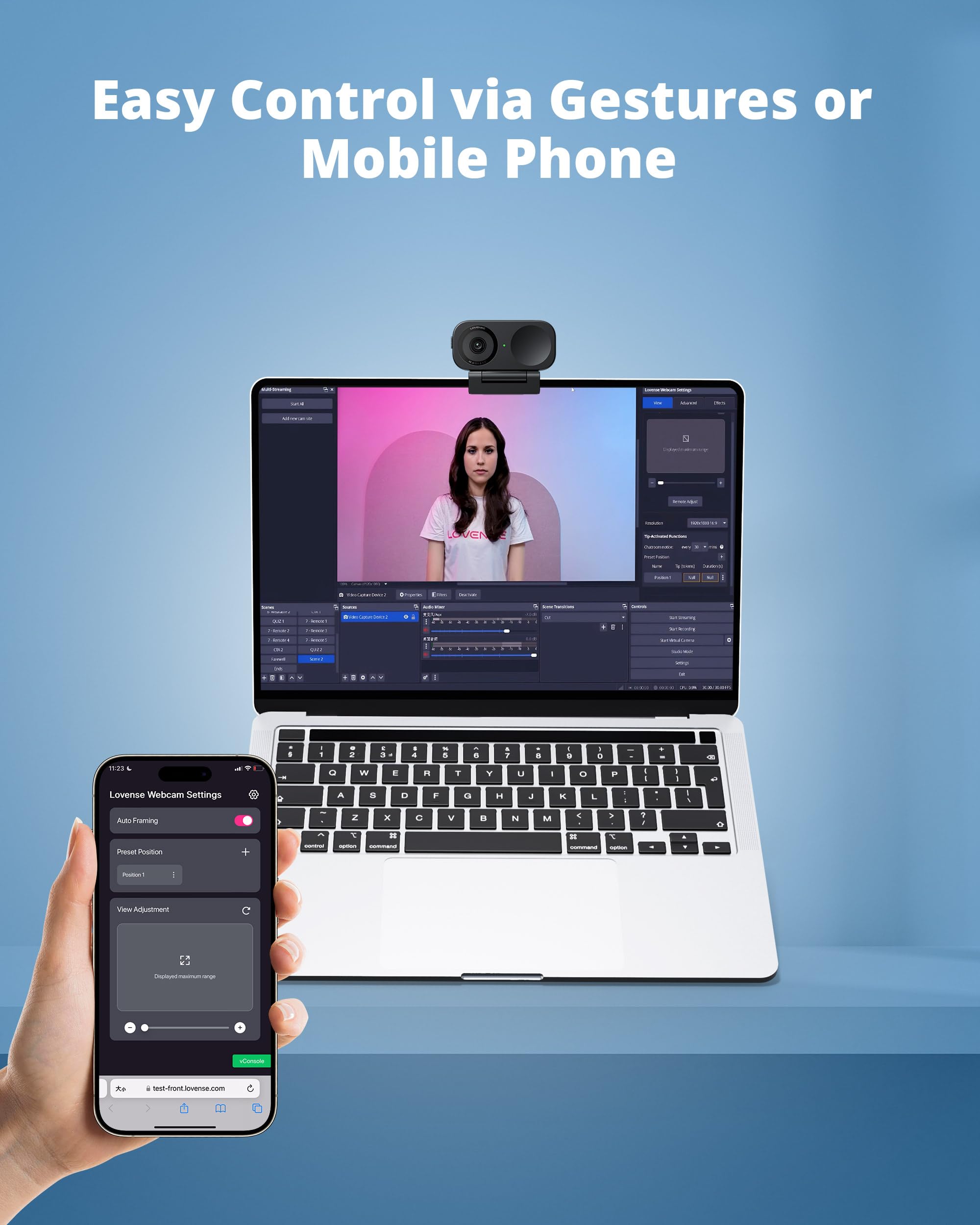 LOVENSE Webcam 2 4k for PC, Live Streaming Camera 1/2" Sensor True Focus Al Noise Canceling, Hand Gesture Control, Mobile Control, Auto Framing, Customizable Audio Modes, Microphones, Privacy Control - Image 5