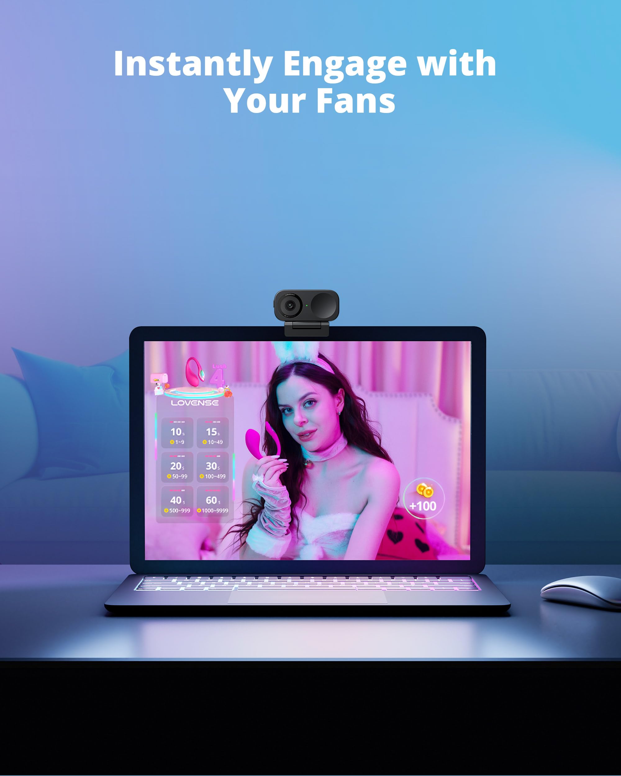 LOVENSE Webcam 2 4k for PC, Live Streaming Camera 1/2" Sensor True Focus Al Noise Canceling, Hand Gesture Control, Mobile Control, Auto Framing, Customizable Audio Modes, Microphones, Privacy Control - Image 8